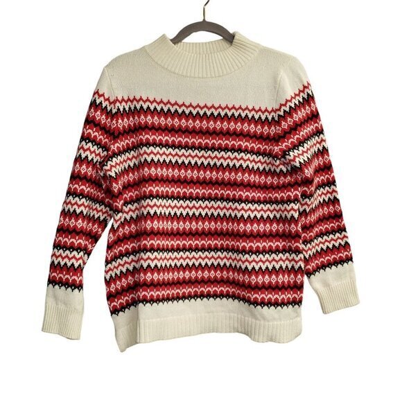 Talbots Wool Blend Fair Isle Ribbed Sweater Womens Size LP Red Black Ivory Pre-O - Picture 1 of 10